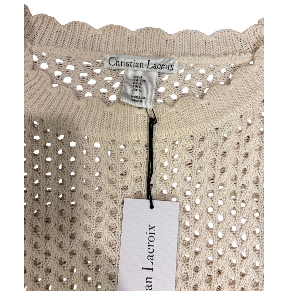 CHRISTIAN LACROIX Women's Pointelle Sweater LARGE Cropped Scallop Crochet NWT